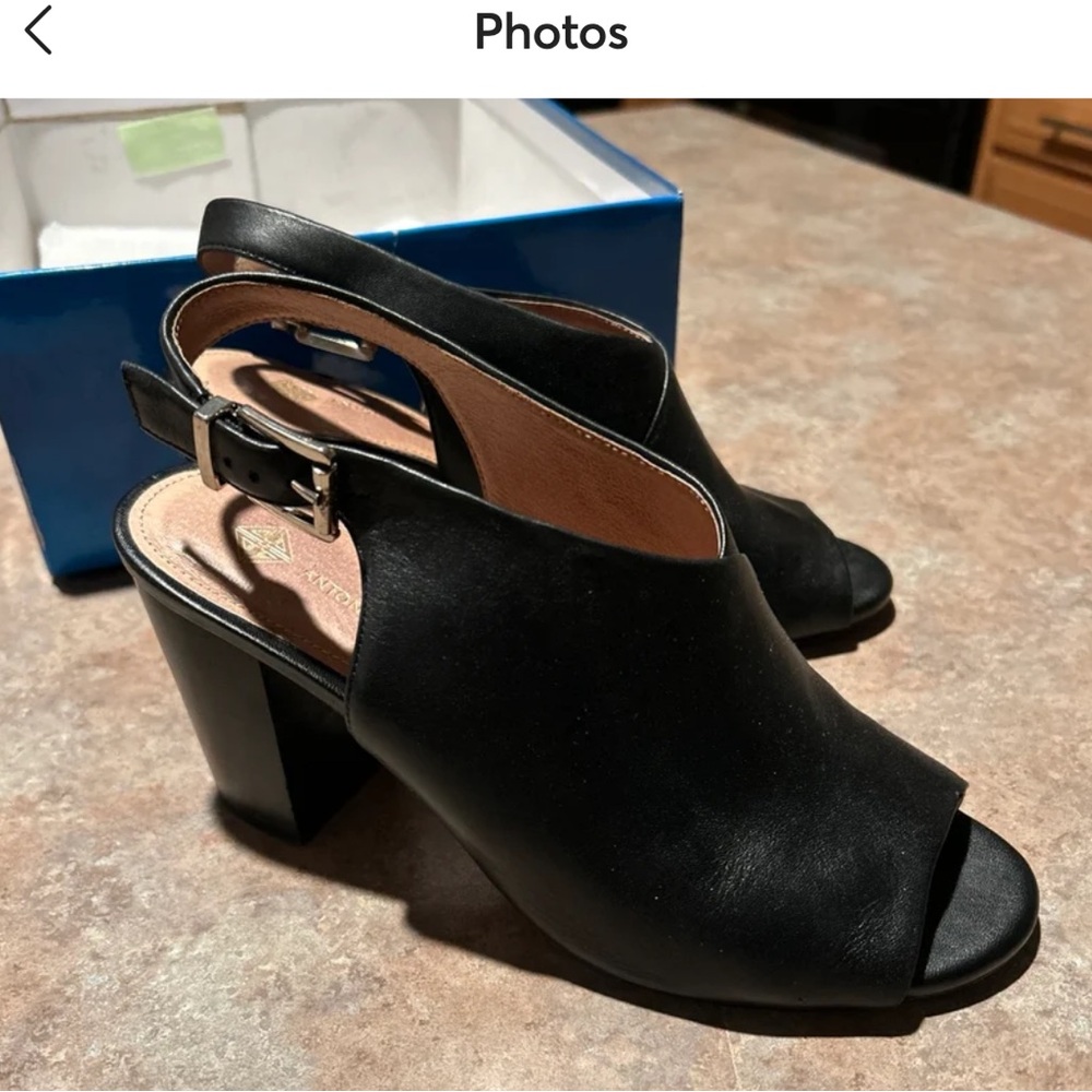 Adrienne Vittadini open toe leather heels.